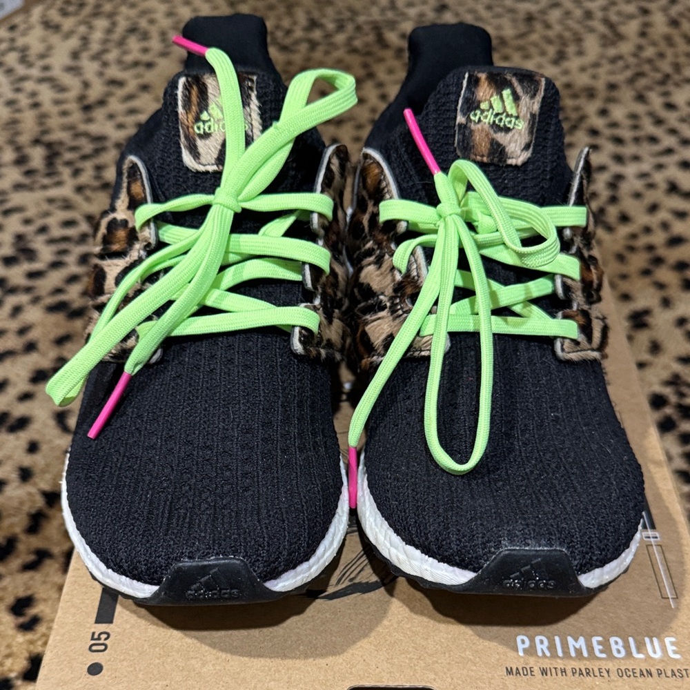 Adidas Black and Neon Green Sneakers with Leopard Accents